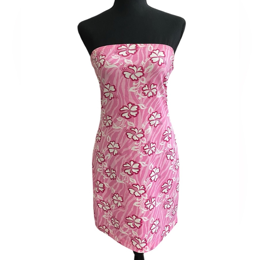 Miken Clothing NWT 90s Pink Hawaiian Hibiscus Strapless Mini Dress Size L